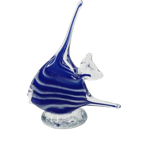 Vintage Hand Blown Art Glass Figurine Angelfish Figurine Cobalt Blue Striped - Picture 6 of 10